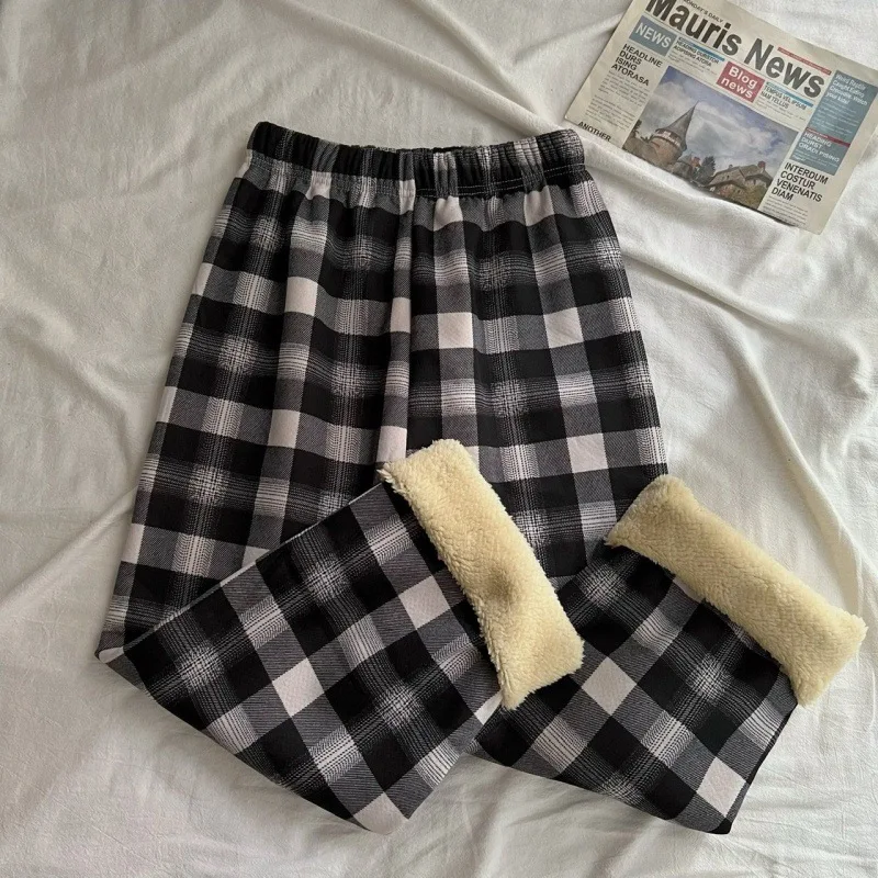 

Fashion Warm Plush Pants Thick Plaid Women Winter Casual Loose Wide Leg Trousers Korean Streetwear Straight Student New