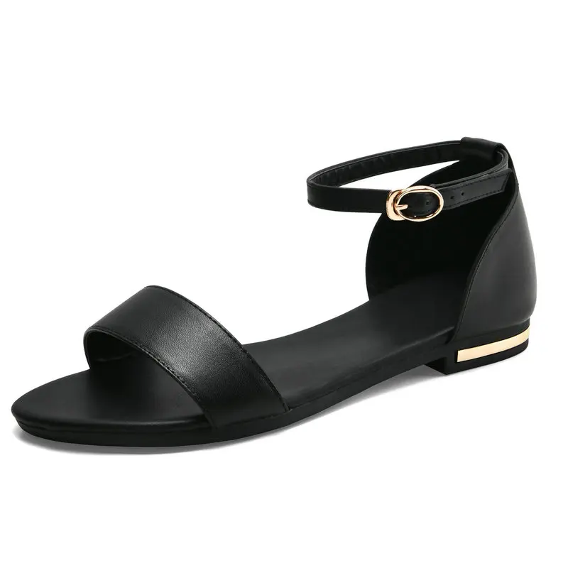 

2022 Summer Genuine Leather Girl's Shoes Women Sandals Ankle Strap Beach Casual Work Flats Female large Size 33-46