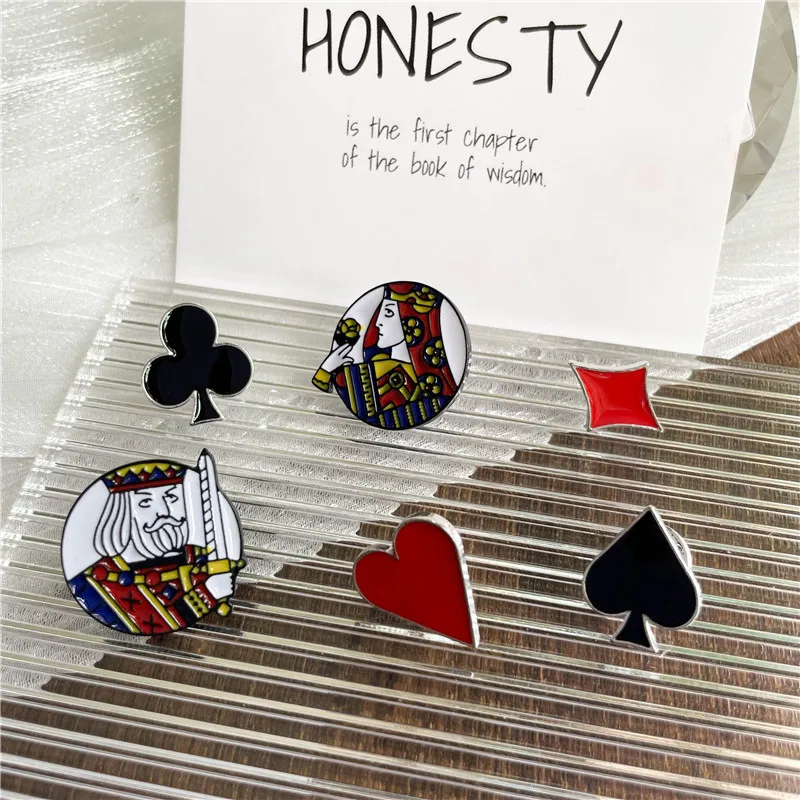 Creative Playing Cards Red Heart Spades Enamel Brooch Cute Cartoon Poker Character King Queen Badge Lapel Pins Female Gifts
