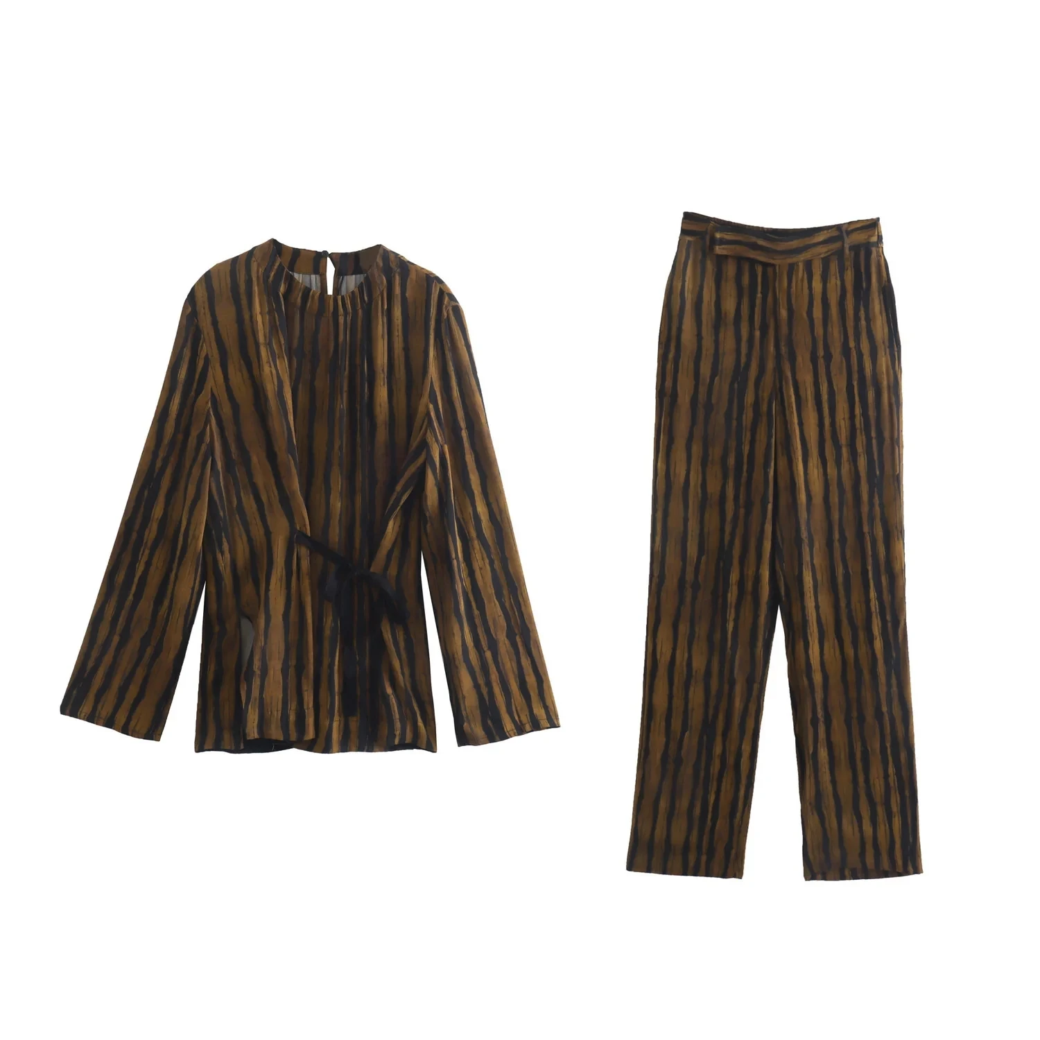 

Women Fashion Pajama Style Print Blouses Vintage Long Sleeve Loose Female Shirt With Belt And High Waist Wide Leg Pants Chic