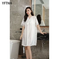 yftnh sleep shirts for women silk nightdress bow lace v neck short sleeve sleepwear dresses solid plain loose homewear nighties