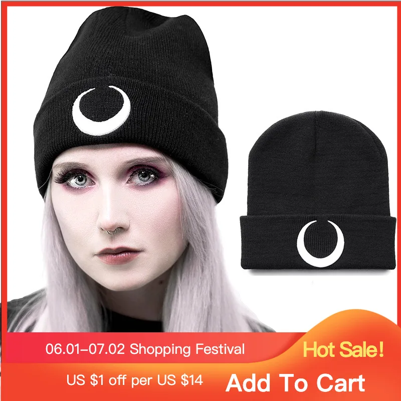 

Grunge Black Knitted Caps Hats Harajuku Punk Moon Graphic Print Autumn Woman Cap Beanies Warmer Cap Women's Cap