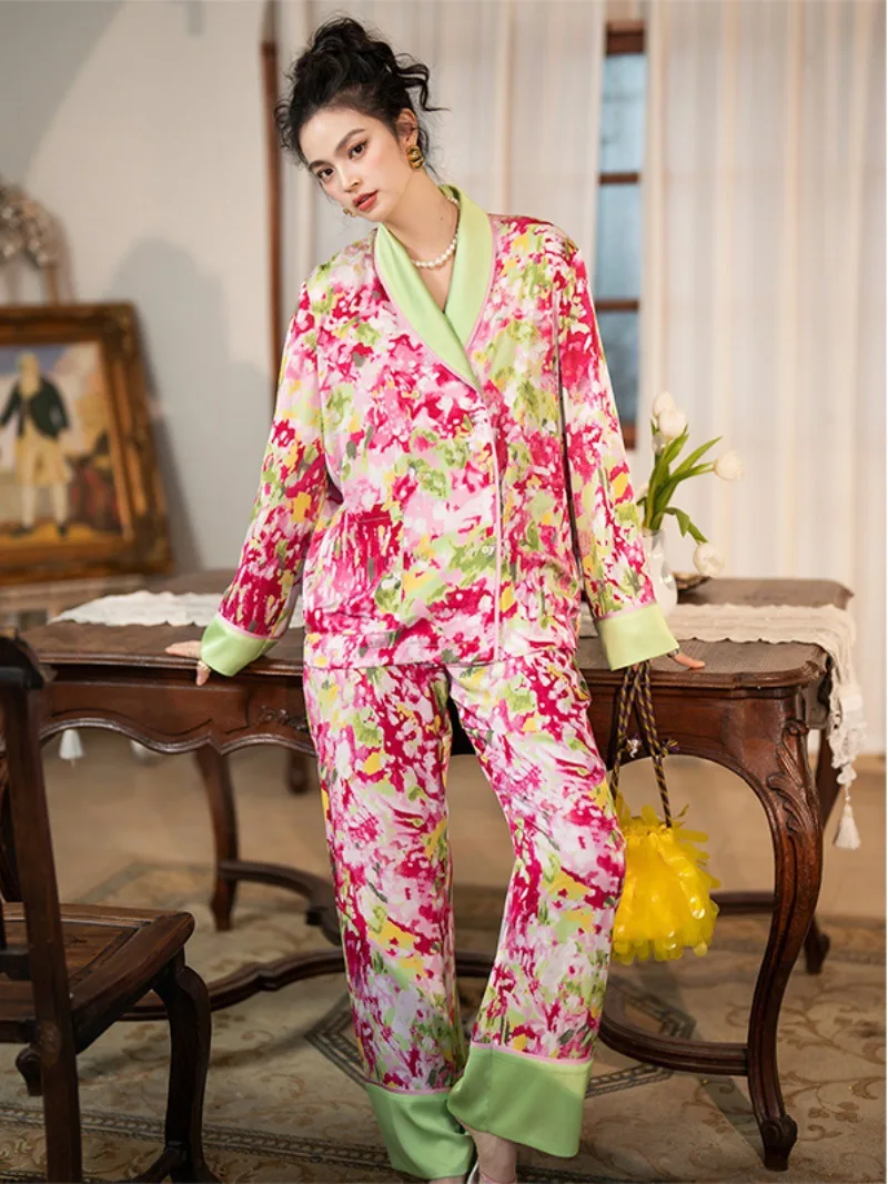 

2023 Ice Silk Pajamas Women's Two Pieces Set Long Sleeves Pants Home Suit Flowers Print V Neck Night Wear for Women Sleepwear