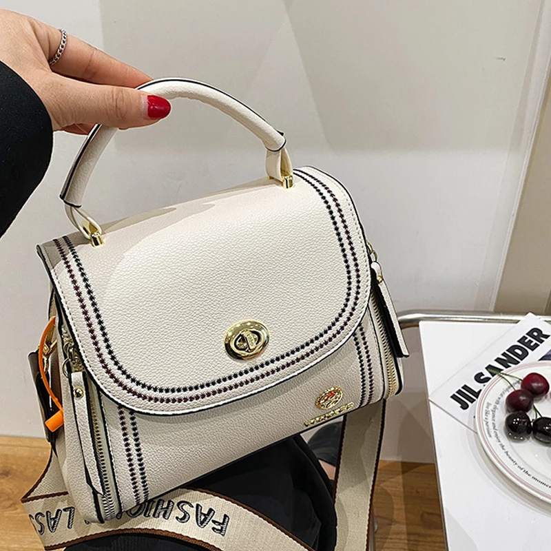 

2022 Womens Embroidered Litchi Pattern Leather Single Shoulder Handbag Lock For Women Designer Wide Shoulder Strap Crossbody Bag