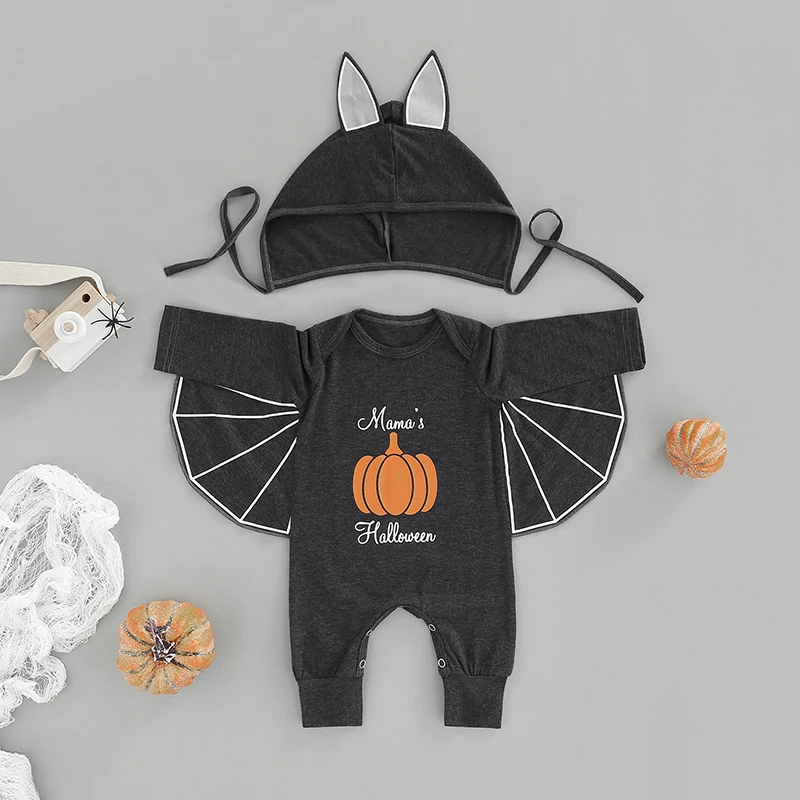 

0-18M Baby Girls Boys Halloween Romper Infant Pumpkin Letter Print Round Neck Long Sleeve Bat Jumpsuits with Ears Hat