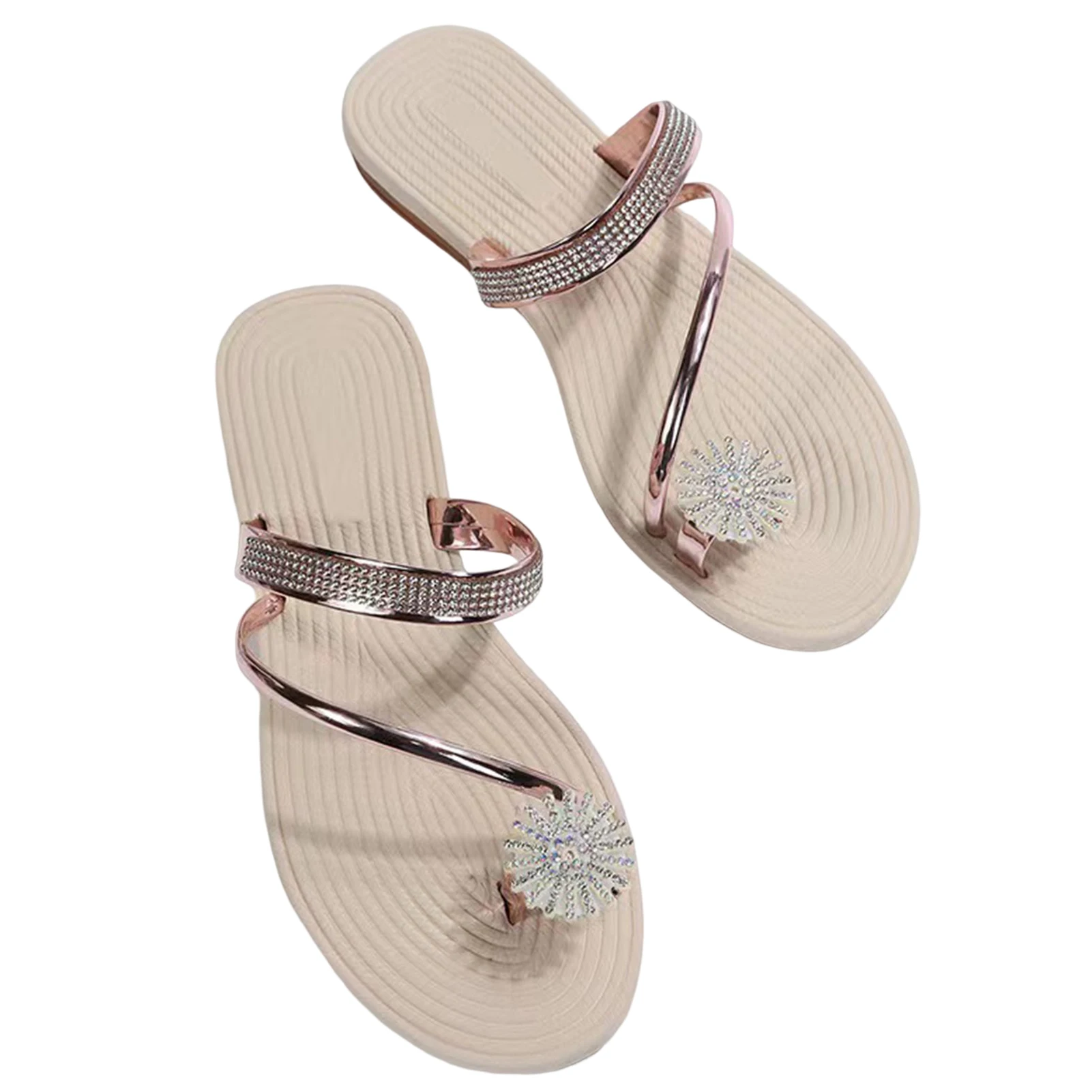 

Women's Beaded Flower Rhinestone Flat Sandals Rhinestone Thong Flip-Flop Beach Shoes for Summer Beach Oceanside