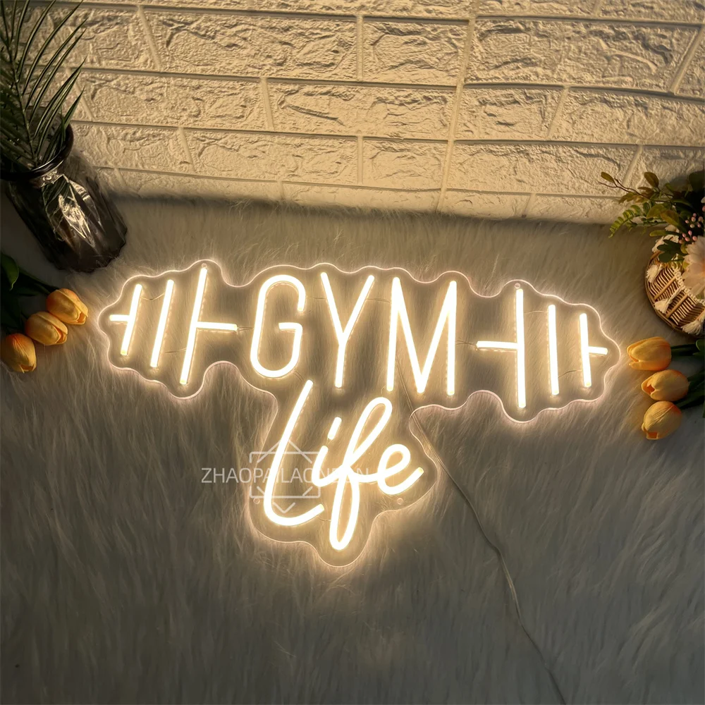 Фото Гантели GYM Неоновые вывески для декора стен Светодиодные буквы Неоновый свет для фитнес-клуба Спорт Тренажерный зал Декор комнаты Неоновые деловые огни №3