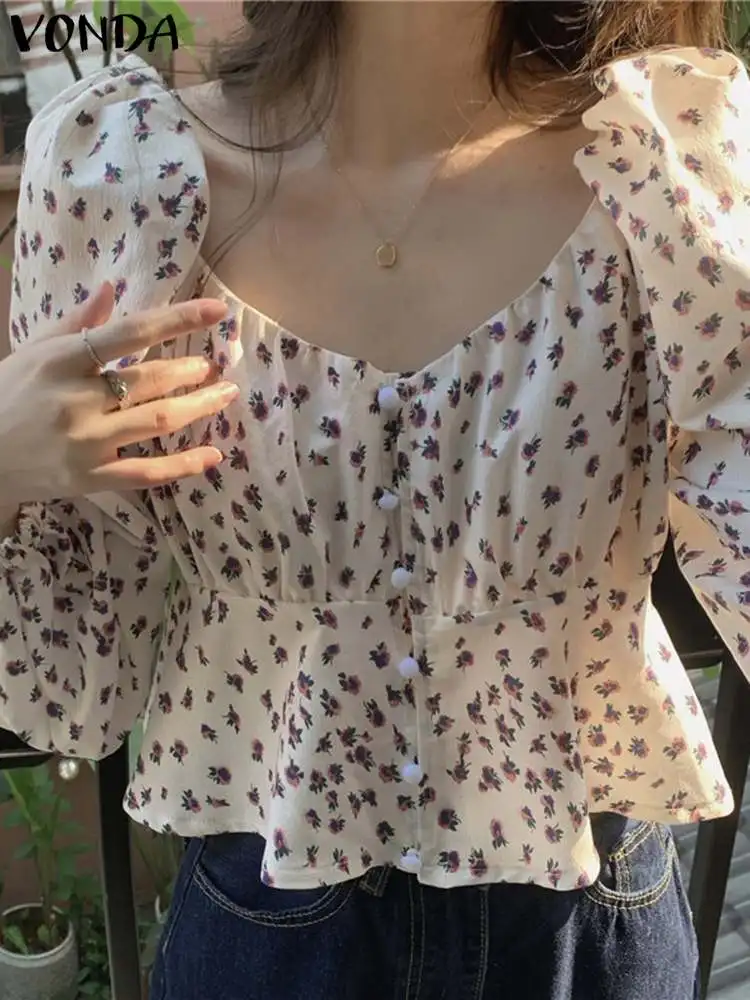 

VONDA Bohemian Women Shirts Printed Blouse Summer Sexy V Neck Elegant Tops 2023 Fashion Long Sleeve Puff Sleeve Baggy Blusas