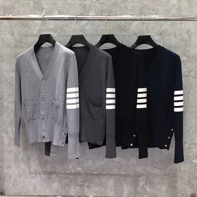 THOM TB Men Wool Cardigan Coat V-neck Classes Stripes Sweater Men's Concise Style Sweaters High Quality Women's Loose Clothes