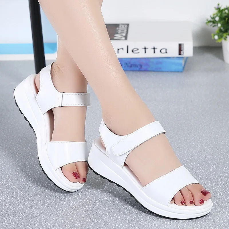 

Genuine Leather Women sandals wedge shoes Platform ladies white Sneakers Sandals shoe summer open toe Fashion High Heel footwear