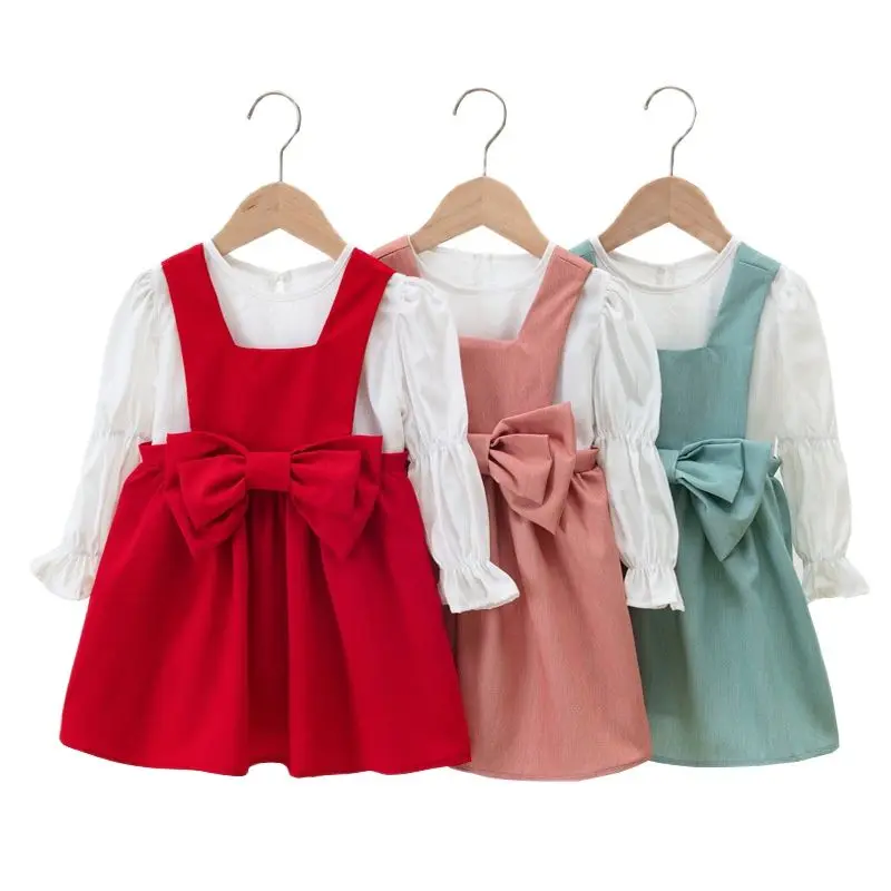 

2024 new Lovely Kids Baby Girls Clothes 2pcs Suit white Long Sleeve Shirt+bow Suspender Skirt for Spring summer Suit1-5Y