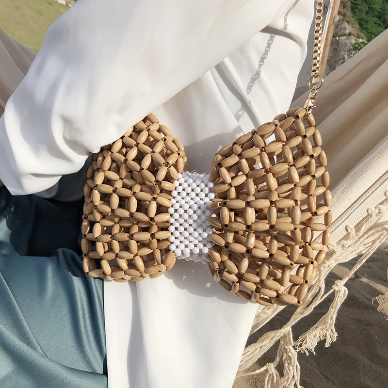 

Handmade DIY Hollow Bow Beaded Bag Women Woven Shoulder Bags Casual Simple Messenger Pearl Clutch Bag Ladies Travel Beach Bags