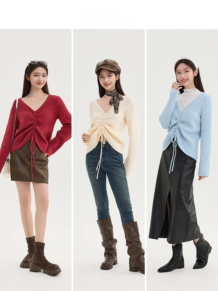 Sanfu Red Knit новинка 2024 осенний плиссированный укороченный свитер с v-образным