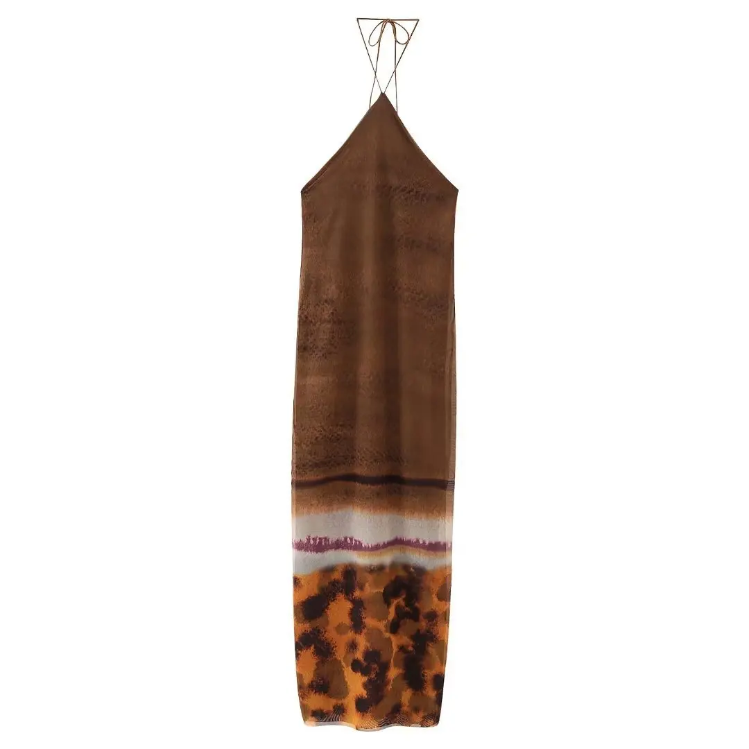 

TRAF 2023 Women Fashion Leopard Print Halter Midi Dress Female Chic Backless Lace Up Split Mesh Dresses Vestidos Mujer