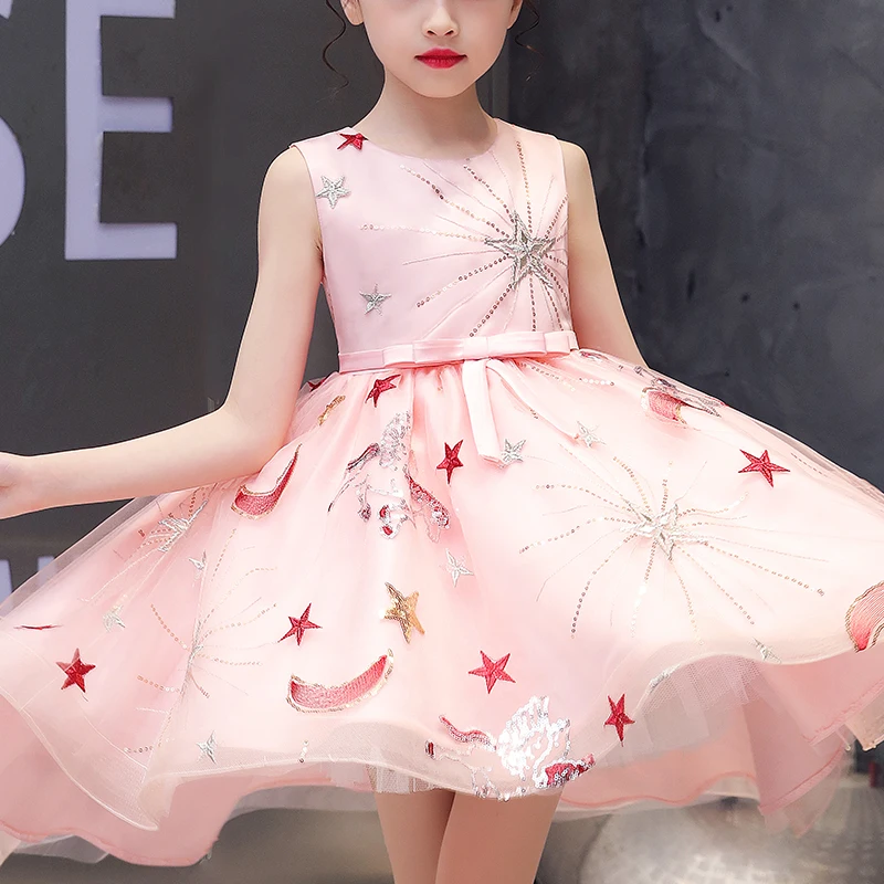 

New Design Kids Dress For 4-12 Girls Star Sequins Wedding Party Tailing Frock Elegant Princess Sleeveless Children’s Dresses1263