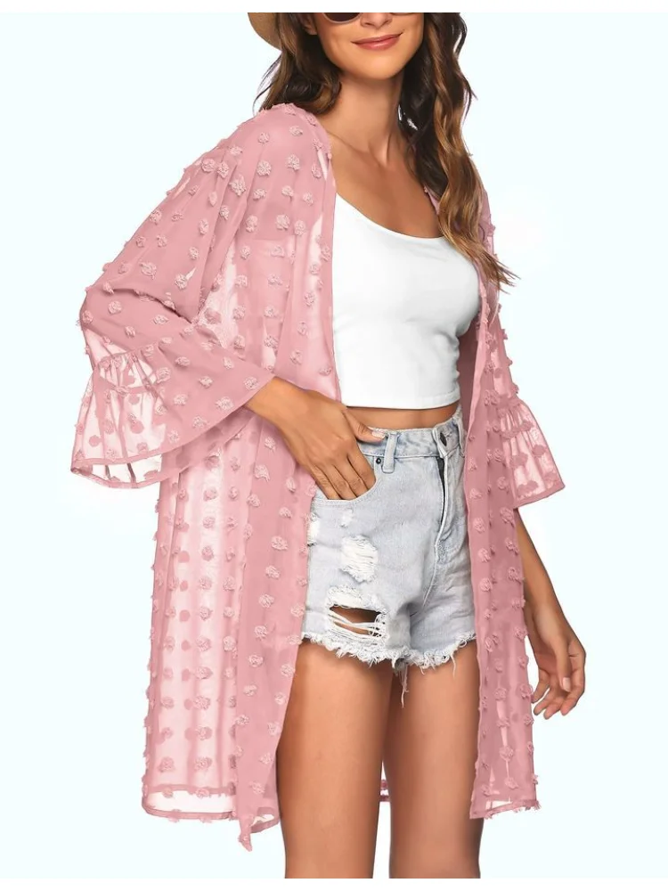 

Женская летняя однотонная свободная накидка, элегантная повседневная модная офисная Прозрачная Тонкая шифоновая накидка в пляжном стиле, новинка 2023