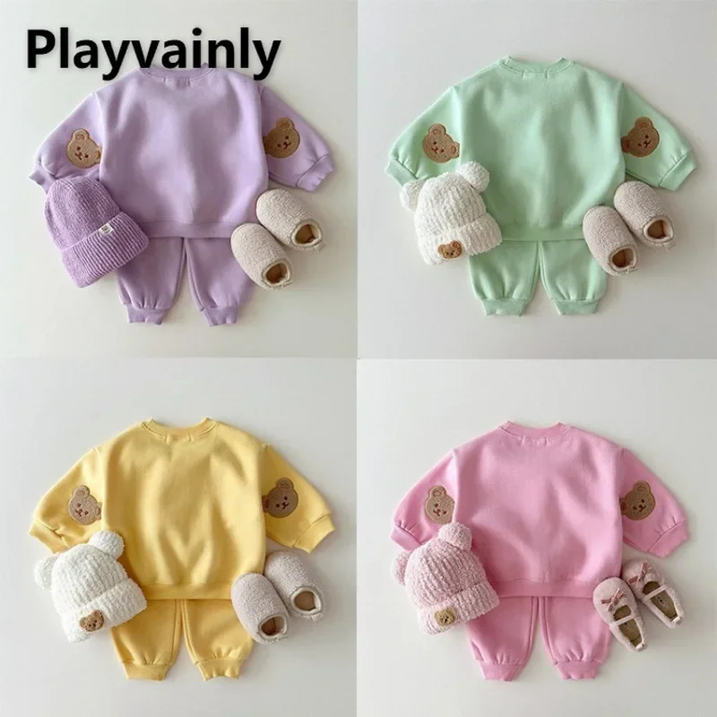 

New Spring Autumn Baby Girl Sports Suit Cute Little Bear Appliques O-neck Pullover Sweatshirts+Sweat Pants Kids 2pcs Set E23378