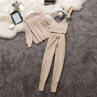 ladies sports suit spring and autumn new chain camisole knit cardigan lantern pants three piece set women