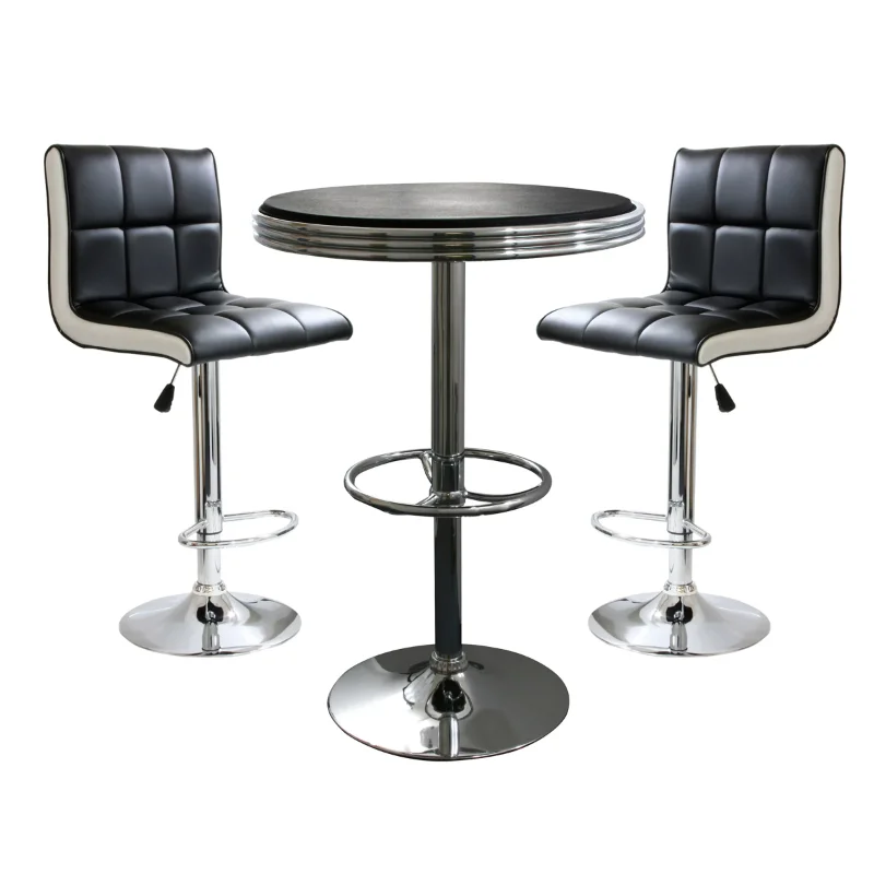 

AmeriHome Adjustable 3 Piece Retro Style Bar Table with Black Padded Vinyl Finish Chairs, Seating Capacity 2