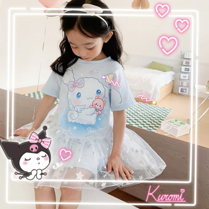

Летнее милое платье принцессы Sanrio аниме Cinnamoroll для девочек, детская одежда из тюля с коротким рукавом, детское платье для дня рождения, подарок