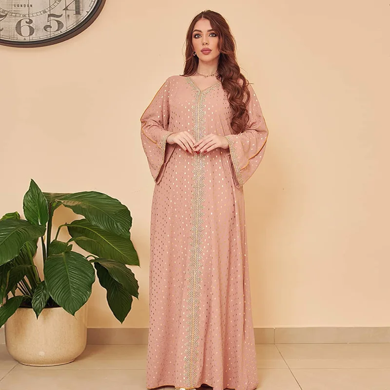 Dubai Muslim Woman Dress Polka Dot Print V-Neck Lace Tape Elegant Long Dresses Islamic Robes Abaya Turkey Ramadan Kaftan