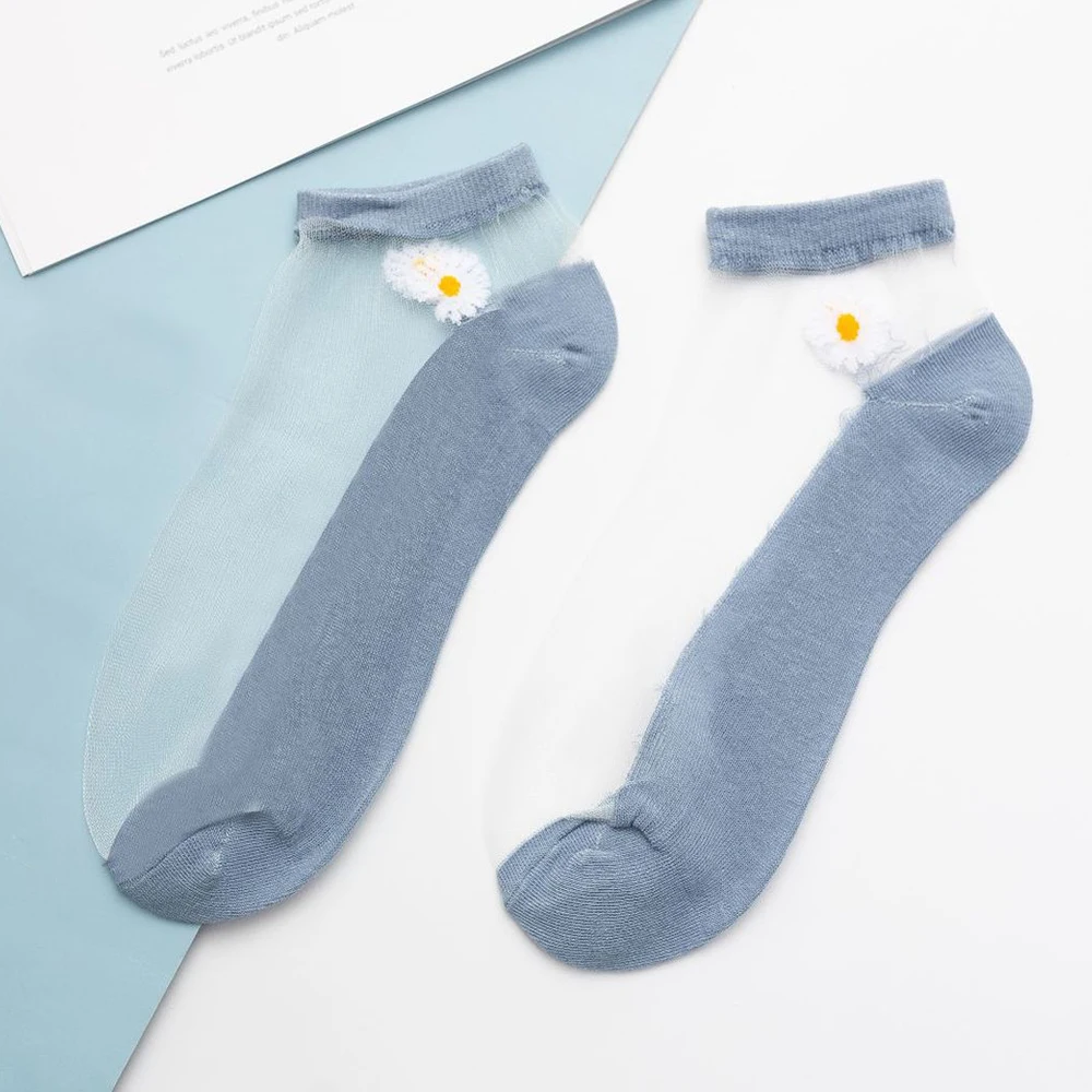Lace Ultra-Thin Transparent Glass Silk Socks 10 Pairs Harajuku Floral Cotton Bottom Crystal Girl Fashion Daisy Flower Cute Socks