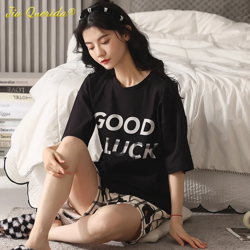 

Youth Girls Summer Fashion Pajama Sets for Woman Good Luck Letter 100% Cotton Sleepwear for Young Lady Two Piece Set Pijamas