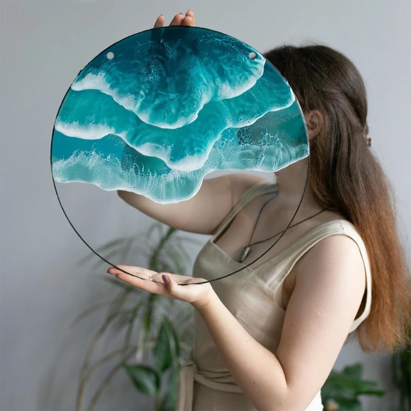 

Ocean Wave Wall Decoration Round Framed Blue Handmade Crafts Accessories for Bathroom Living Room Bedroom Office
