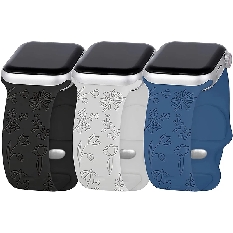 Flower Engraved Bands for Apple Watch Band 38mm 40mm 41mm, New Fashion Sport Strap Replacement Wristbands for iWatch Series