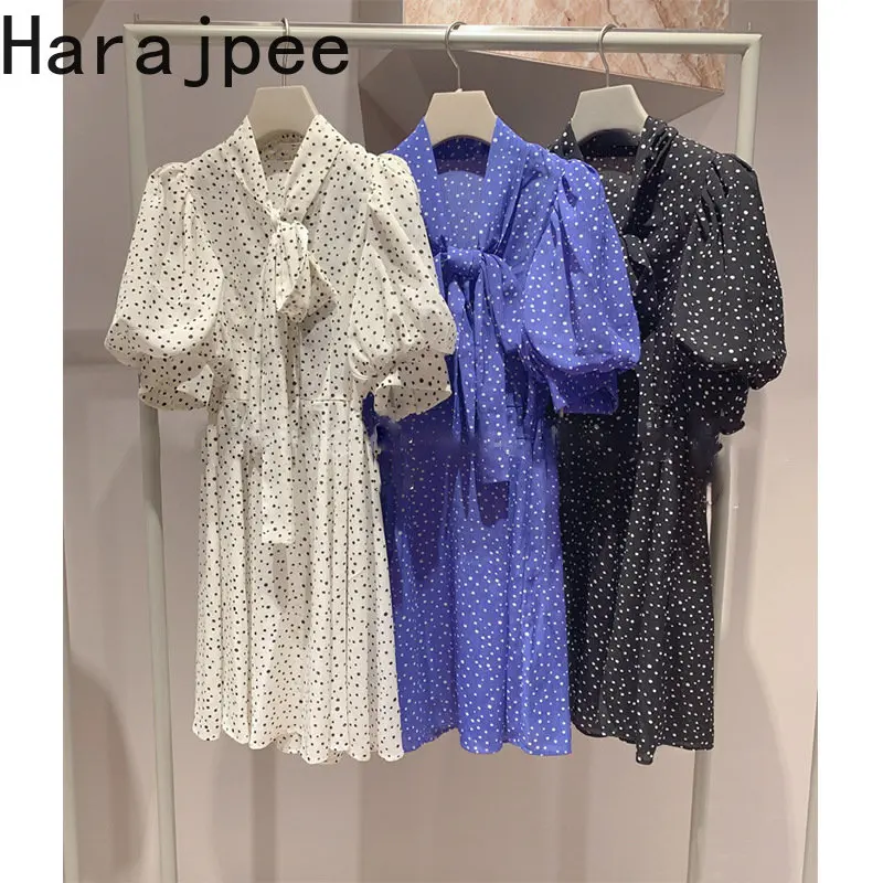 

Женское свободное платье Harajpee в японском стиле, Новинка лета 2023, Повседневная Дамская одежда средней длины в горошек с бантом на талии, Vestidos Mujer