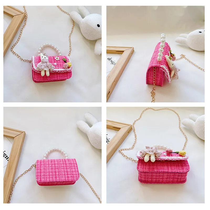 Girl Crossbody Bag Princess Pearl Handbag Cartoon Cute Rabbit Chain Shoulder Messenger Bag Children's Accessories Coin Pouch