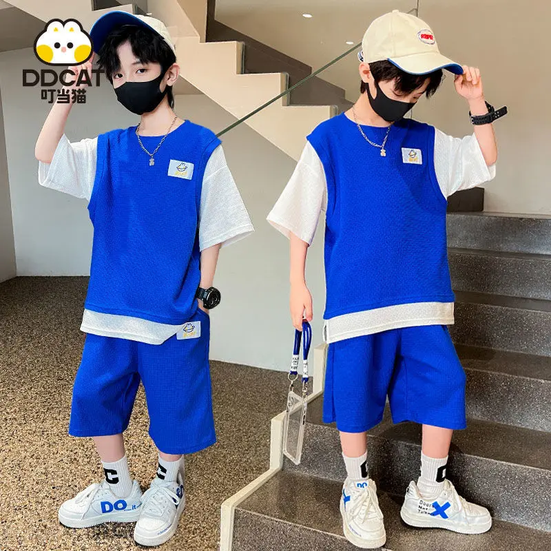 Pokonyan 2022 Kids Boys Suit New Fried Street Two-Piece Summer Fake Two Pieces Short Sleeve Pants