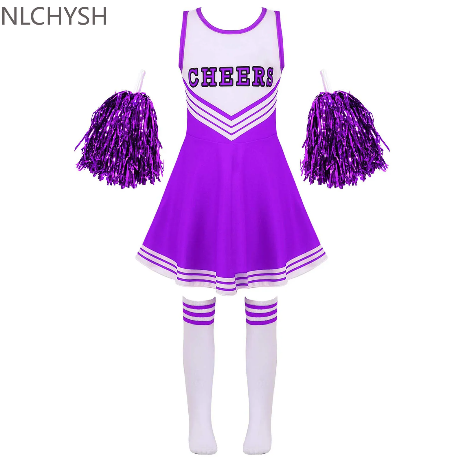 Girls Cheerleading Uniform Dance Costume Kids Cheerleader Outfit Round Neckline Patchwork Style Dance Dress Flower and Socks