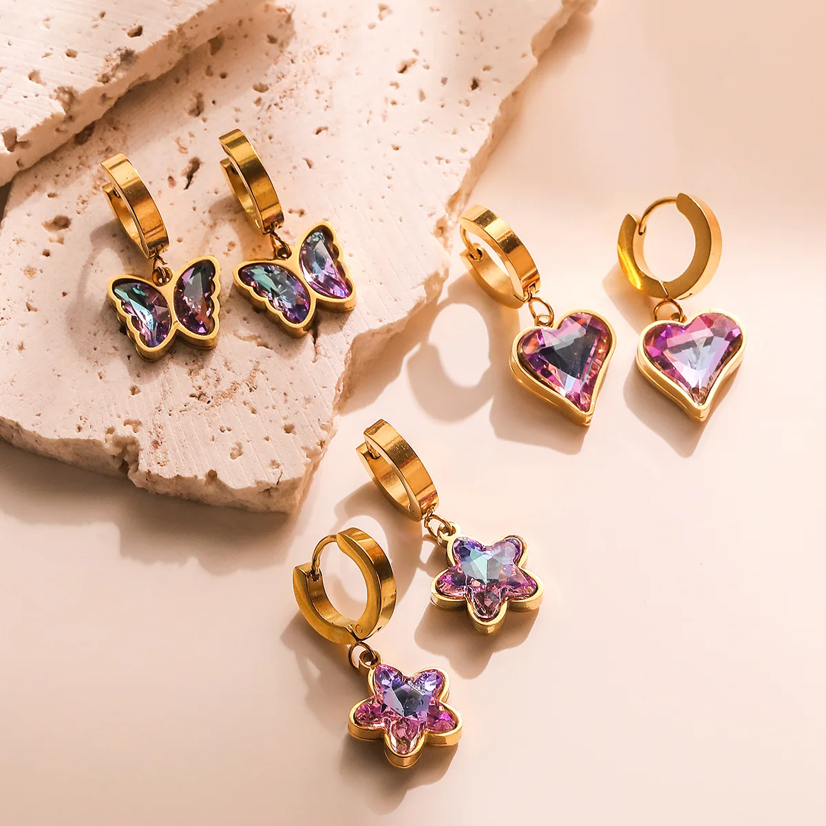 Изящные блестящие аметистовые серьги в форме сердца для женщин золотой цвет