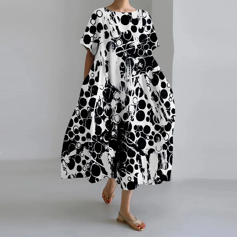 

Loose Flower Print Dress for Women Summer Fashion Casual Dress O Neck Short Sleeve Large Size A-line Skirt Lady Versatile Dress