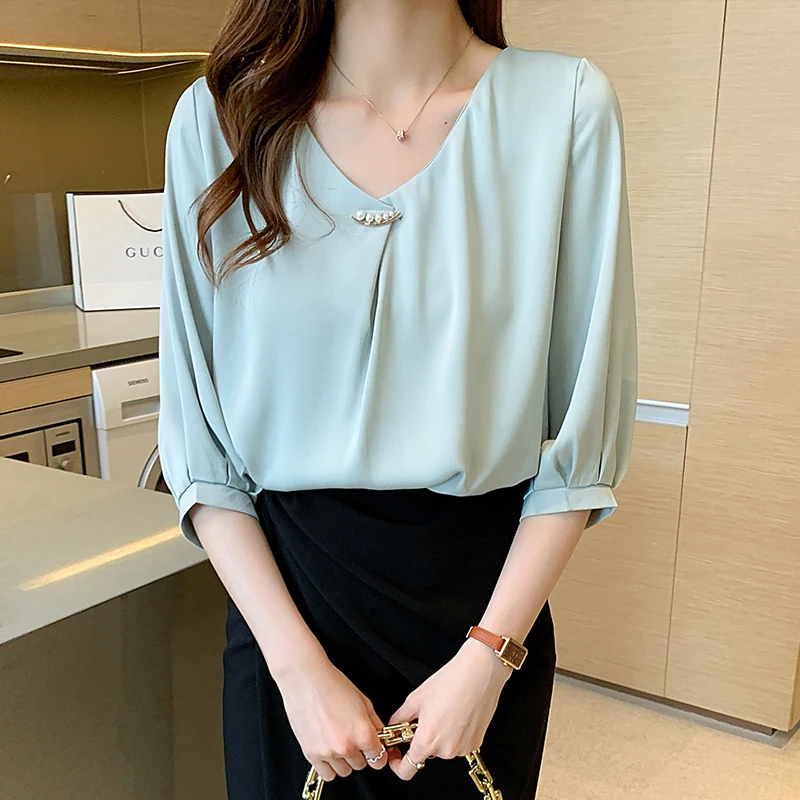 

Chiffon Women's Blouse Solid Shirt Summer Grace Long Sleeve Top Fashion Temperament Casual Female Clothing