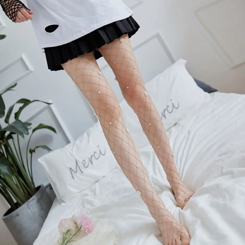 

Personality Gothic Solid Color Pearl Nylon Flower Korean Style Hosiery Bottoming Pantyhose Fishnet Stockings Women Tights