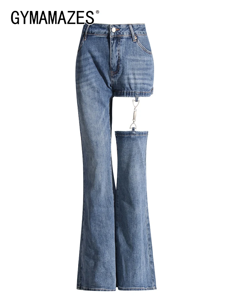 

Джинсовые брюки GYMAMAZES женские с высокой талией, модные брюки-клеш в стиле пэчворк с цепочкой, стройнящие ткань