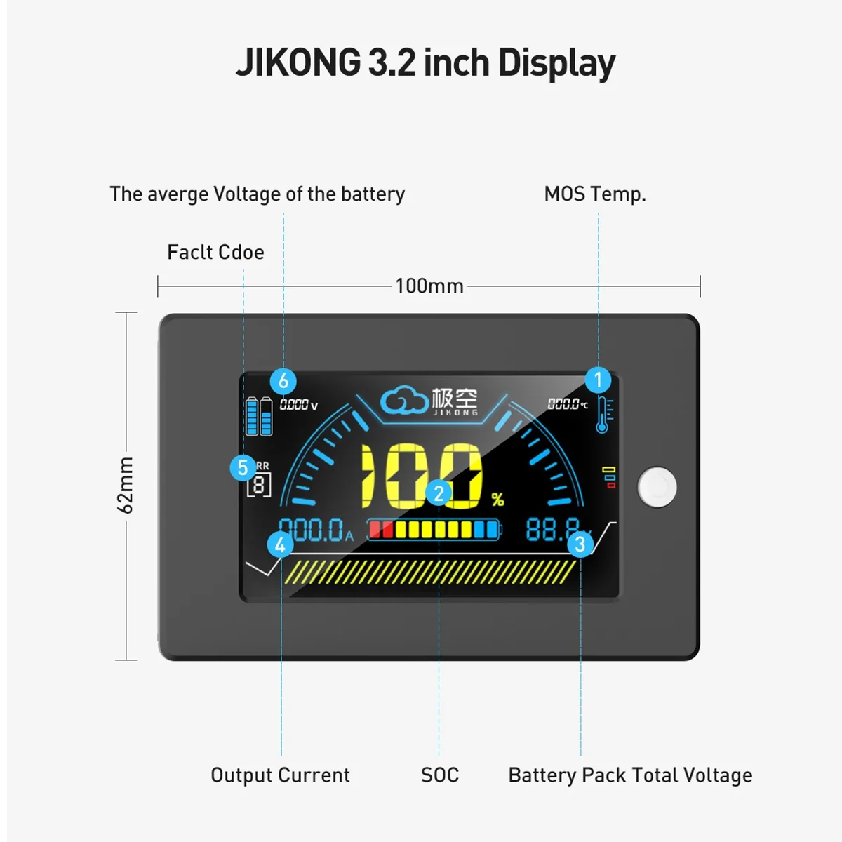 Фото JIKONG BMS 3,2-дюймовый ЖК-дисплей, литиевая батарея, интеллектуальный индикатор уровня заряда батареи Bms, интеллектуальный монитор тока/напряжения и энергии №1