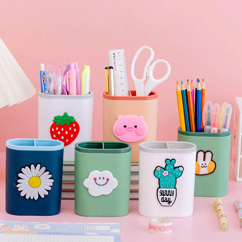 

Multi-function Desktop Pen Holder Double Grid Large Capacity Pencils Organizer Makeup Brush Holder School Stand Storage Box