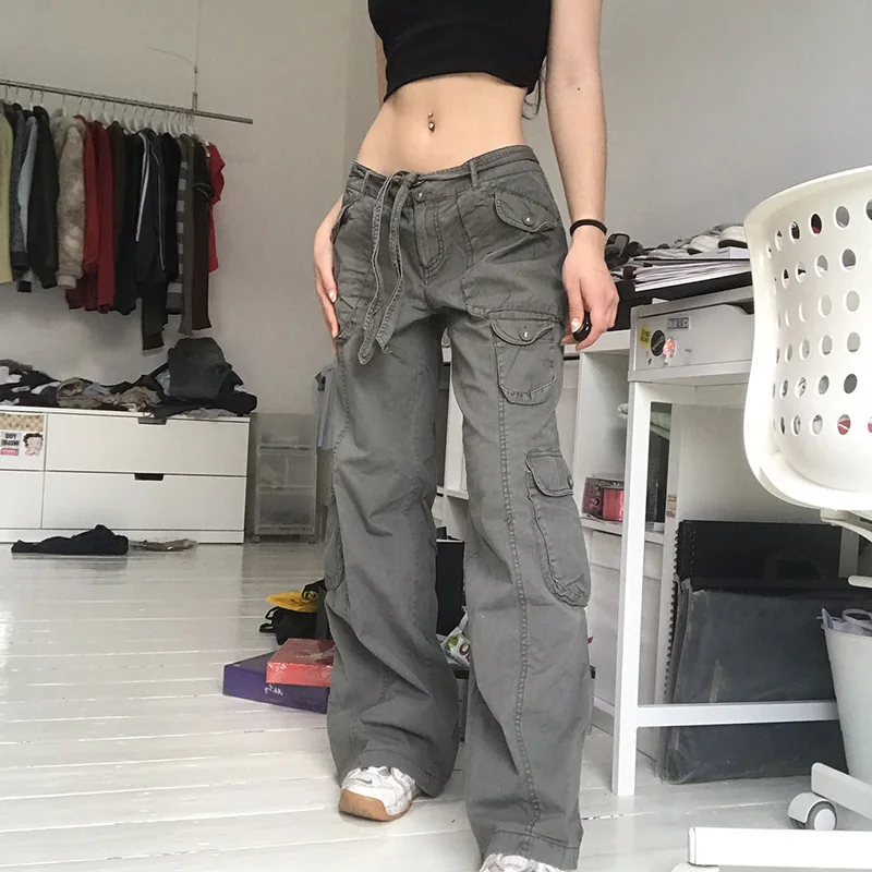 

Gray Vintage Clothes y2k Pants Baggy Low Rise Jeans Trousers For Women Multi Pocket Wide And Loose Denim Cargo Work Pants 90s