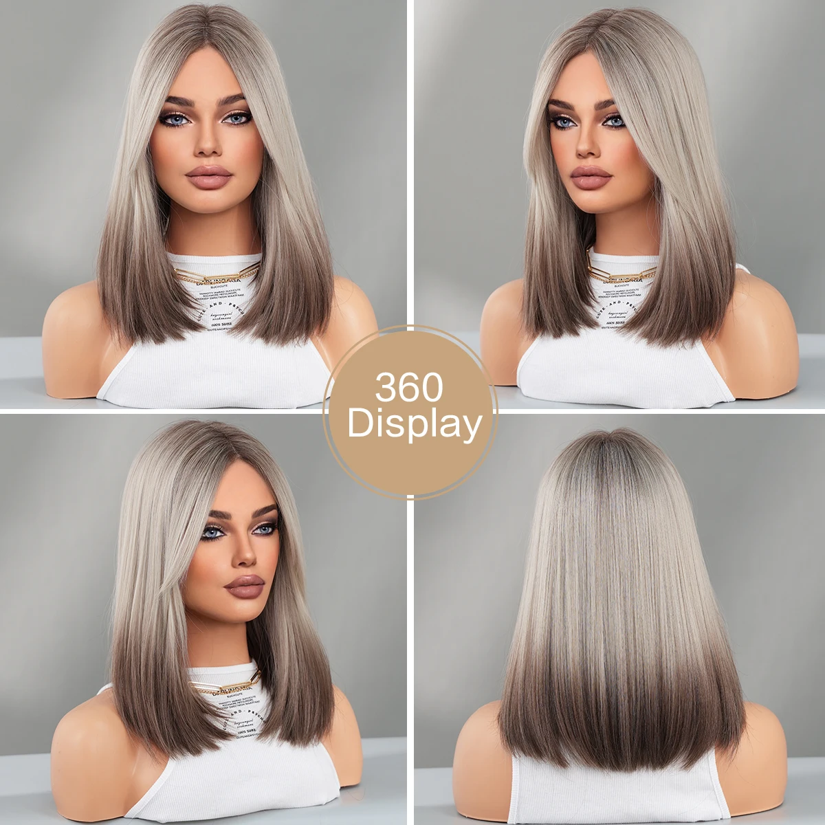 Короткий прямой T-образный парик на сетке с эффектом омбре коричневый темными