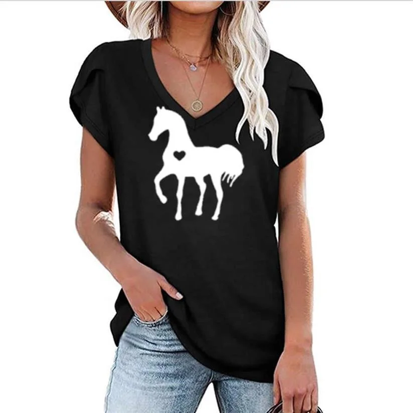 

New Arrival Horse Girl Animal Print T-Shirt For Women V-Neck Short-Sleeved T-Shirt Tshirt Tops Women Cotton Cropped Graphic Tees