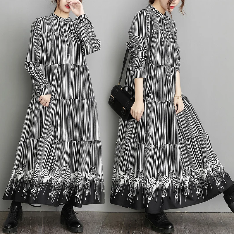 

Casual Large Size Women's Clothing 2022 Spring Autumn New Long-sleeved Dress Women Loose Striped Stitching Retro Dress D1899