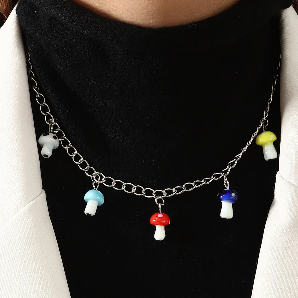 

Multi Color Simple Cute Mushroom Pendants Necklaces Ball Link Chain Sweet Necklace for Women Girls New Design Female Jewelry