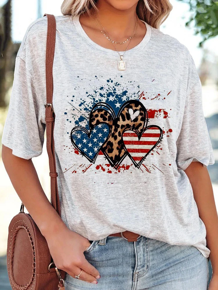 

Vintage Heart Print Women Tops and Blosues Spring Casual Round Neck Loose Shirts Pullover Summer Short Sleeve Beach Blusas Mujer