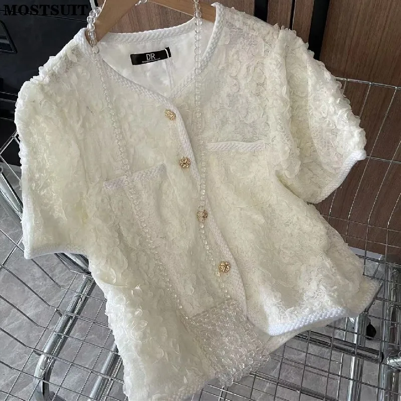

Vintage Elegant Stylish Women Shirt Blouses 2022 Summer Short Sleeve Gold Buttons Cardigan Tops Korean Fashion Ladies Blusa 2022