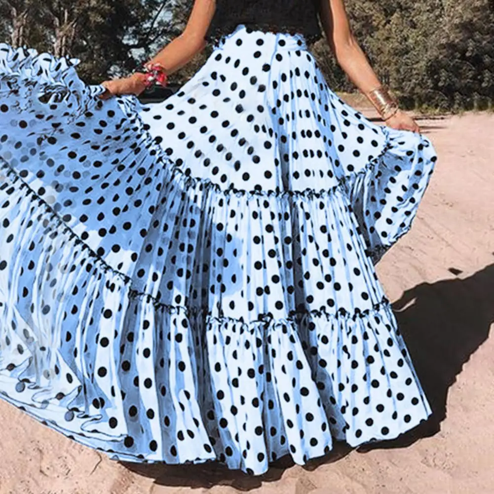 Летняя женская юбка-макси в горошек с высокой талией и оборками - купить по