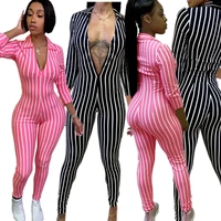 dn8192 ladies jumpsuit spring and autumn sexy streetwear fashion striped print ninth sleeve tight striped jumpsuit women