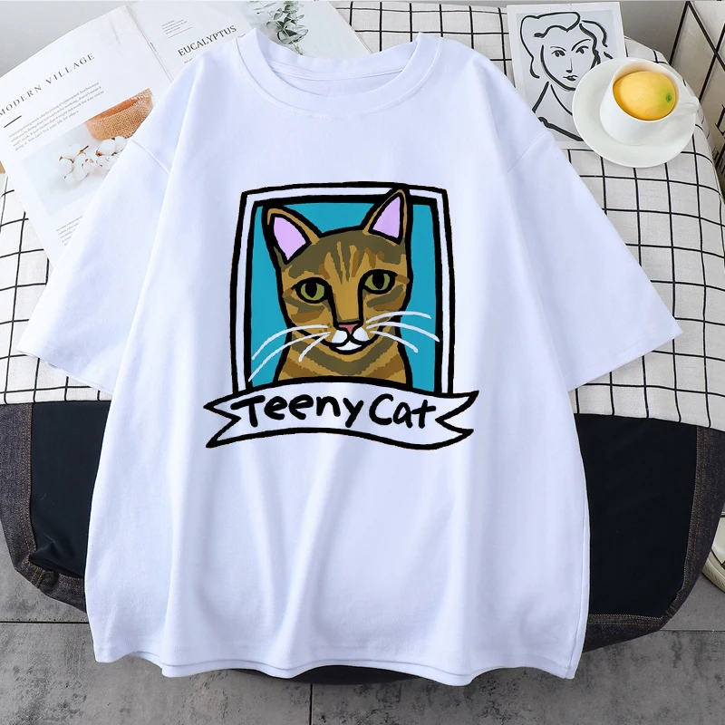 

Summer Women's T-shirt Abstract Cat Print Cute Cartoon Japanese Street Student Harajuku Kawaii Casual Top Ulzzang Retro Loose